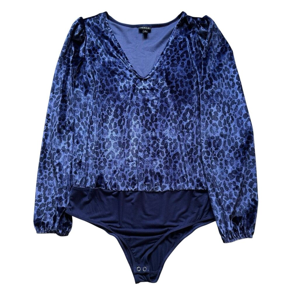 Torrid Blue Leopard Print Long Sleeve Bodysuit 12/Large Bold Wild Night Out Top